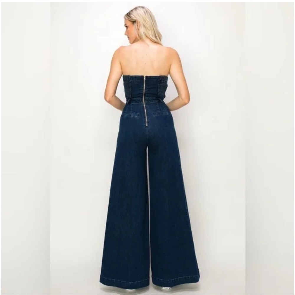 DARK DENIM STRAPLESS WIDE LEG DENIM JUMPSUIT WITH POCKETS🤠- Picture 5 of 8